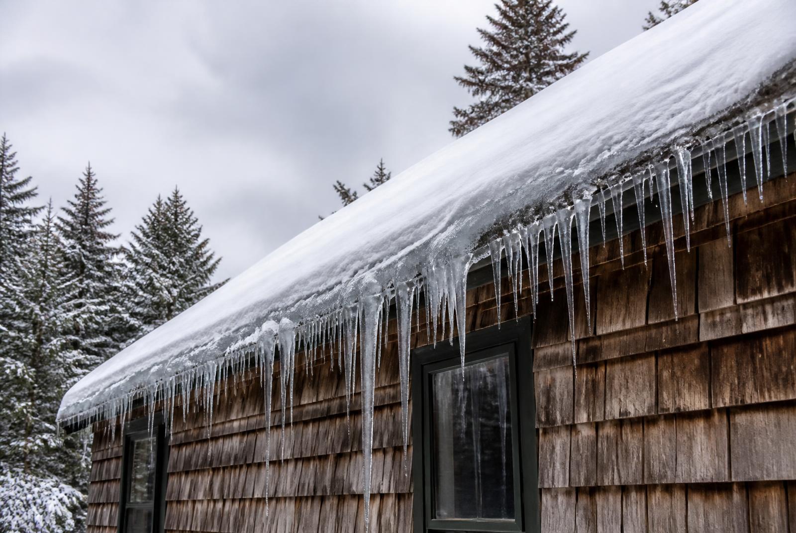 Snow-covered cottage among white pines near Georgian Bay