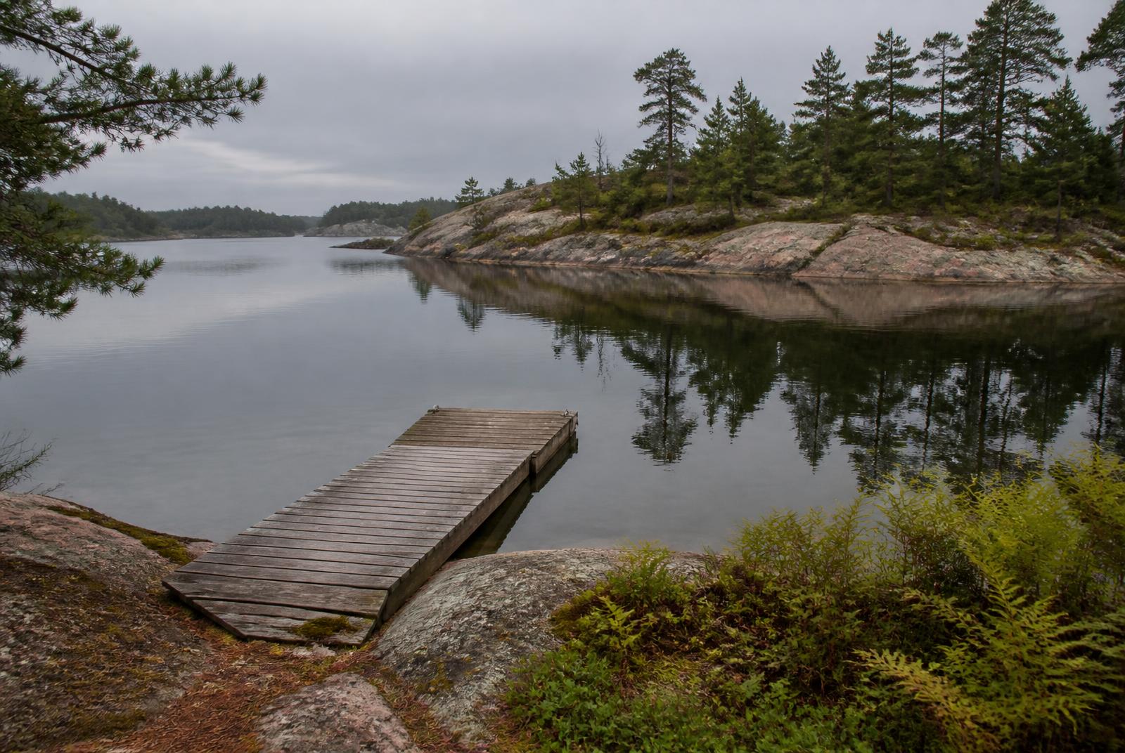Quiet Georgian Bay inlet with granite and white pines near Dillon