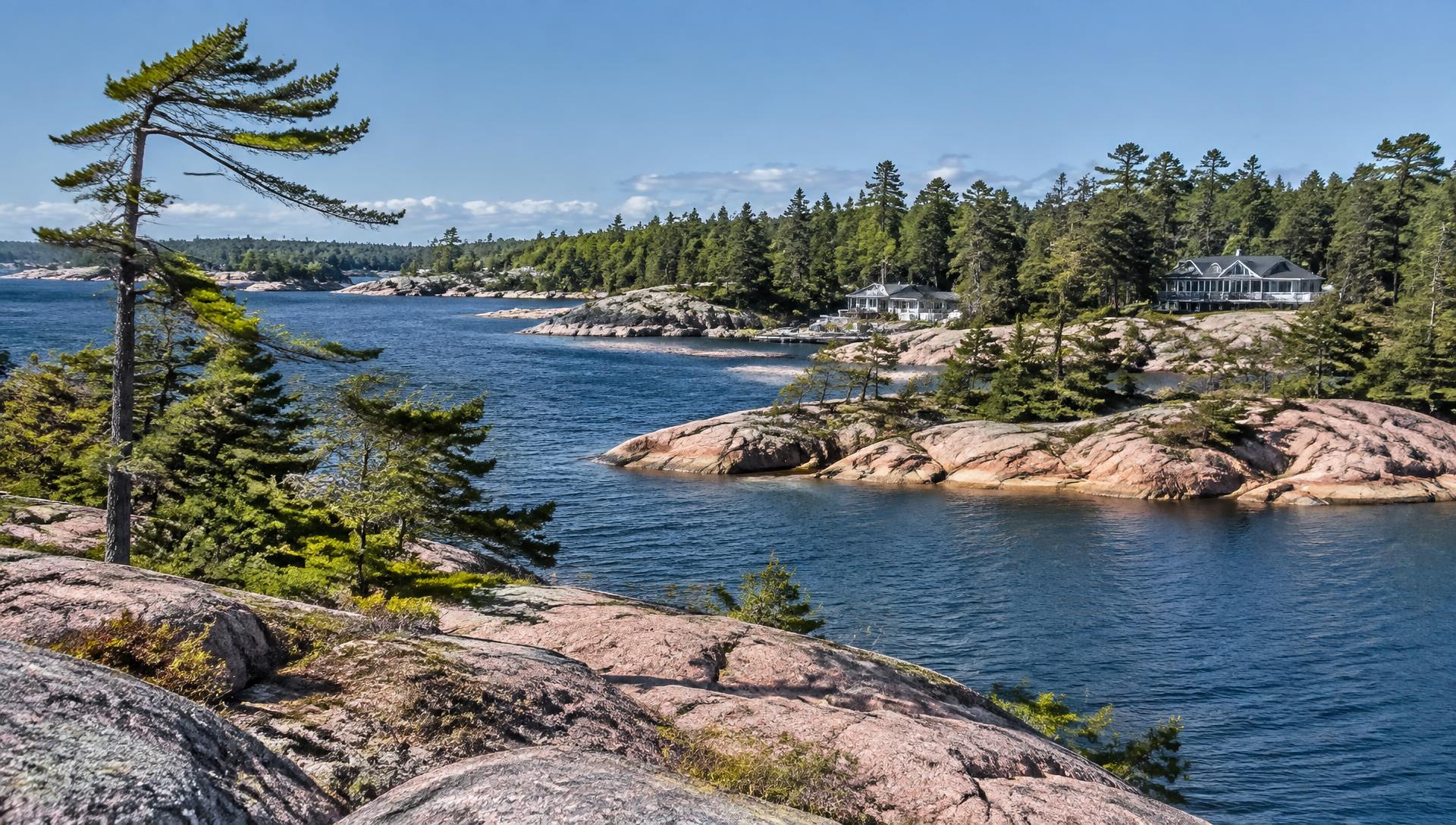 Granite islands, pines and dark channels along the Georgian Bay shore near Carling