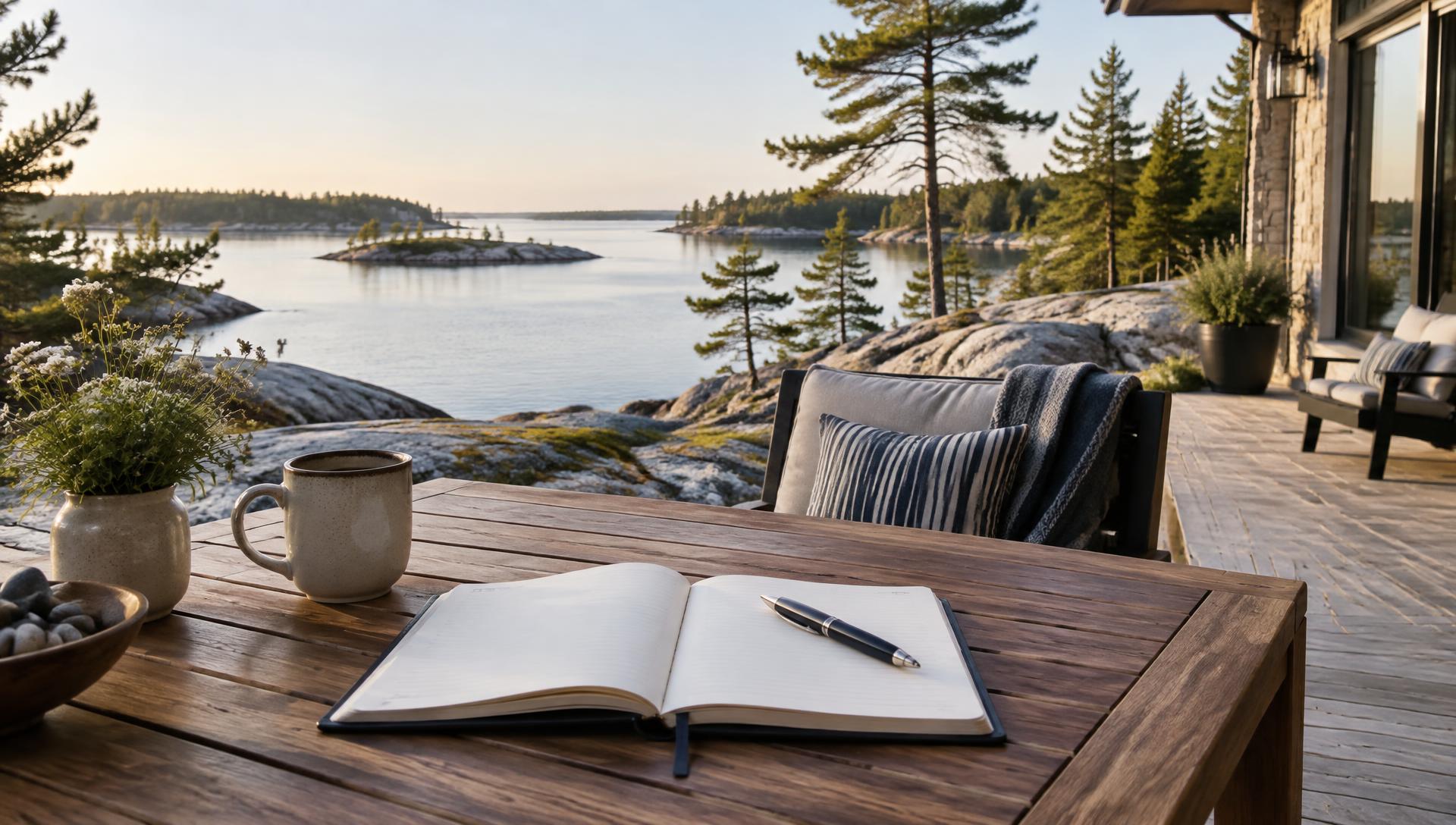 Notebook and pencil on a weathered cottage railing above a grey lake
