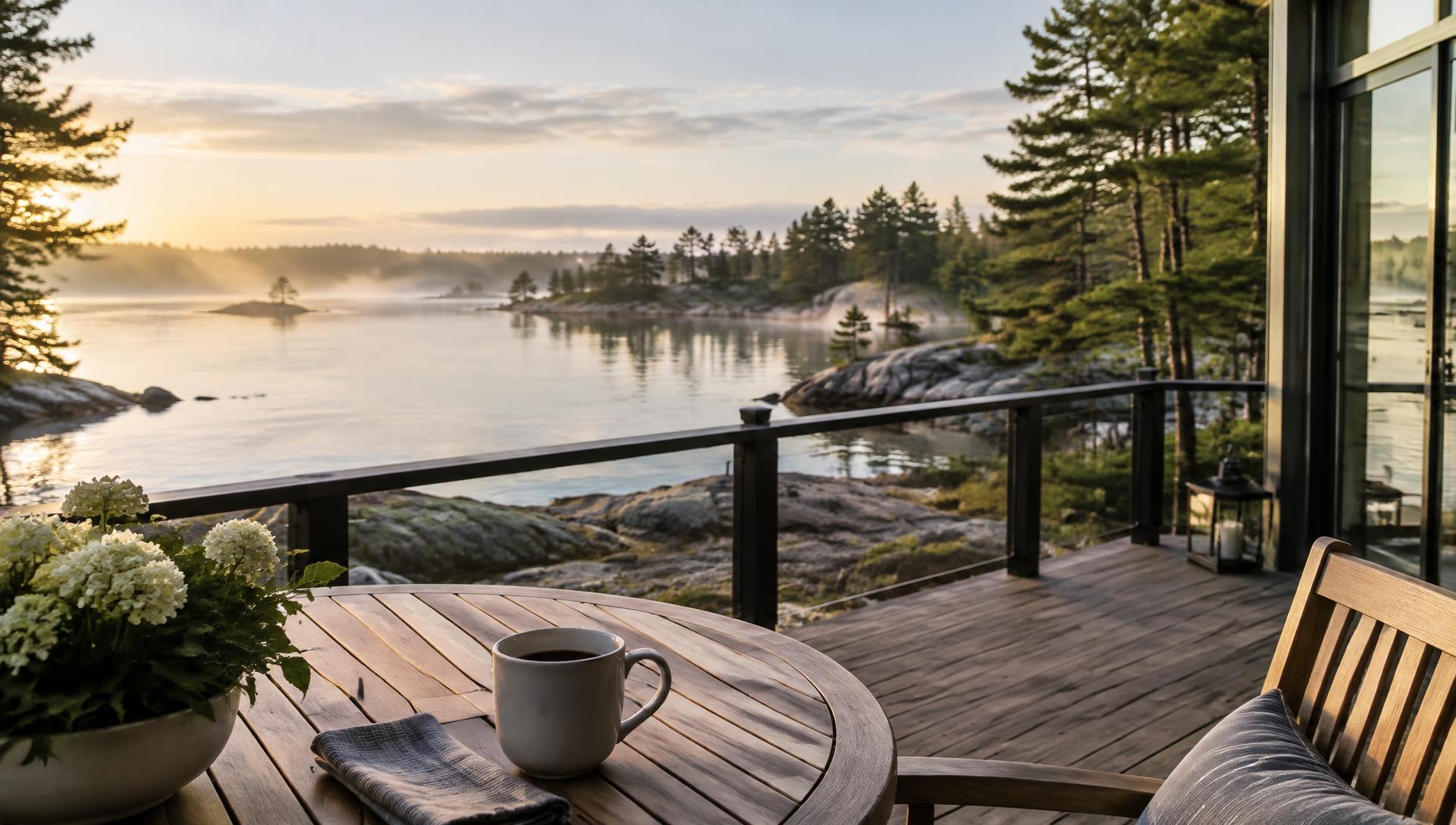 Screened cottage porch looking out over dark Georgian Bay water and pines