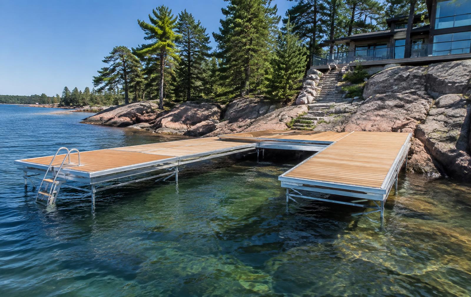 Sectional dock being installed from a granite Georgian Bay shoreline