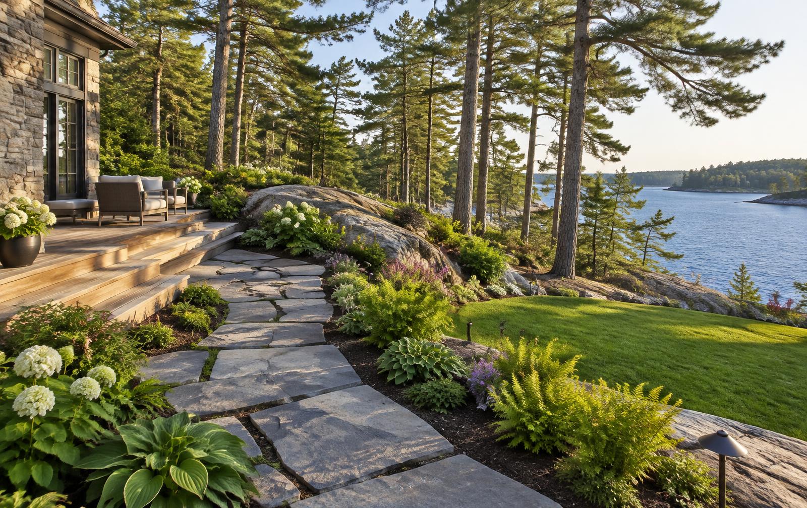 Maintained cottage path and garden beds between Georgian Bay granite outcrops