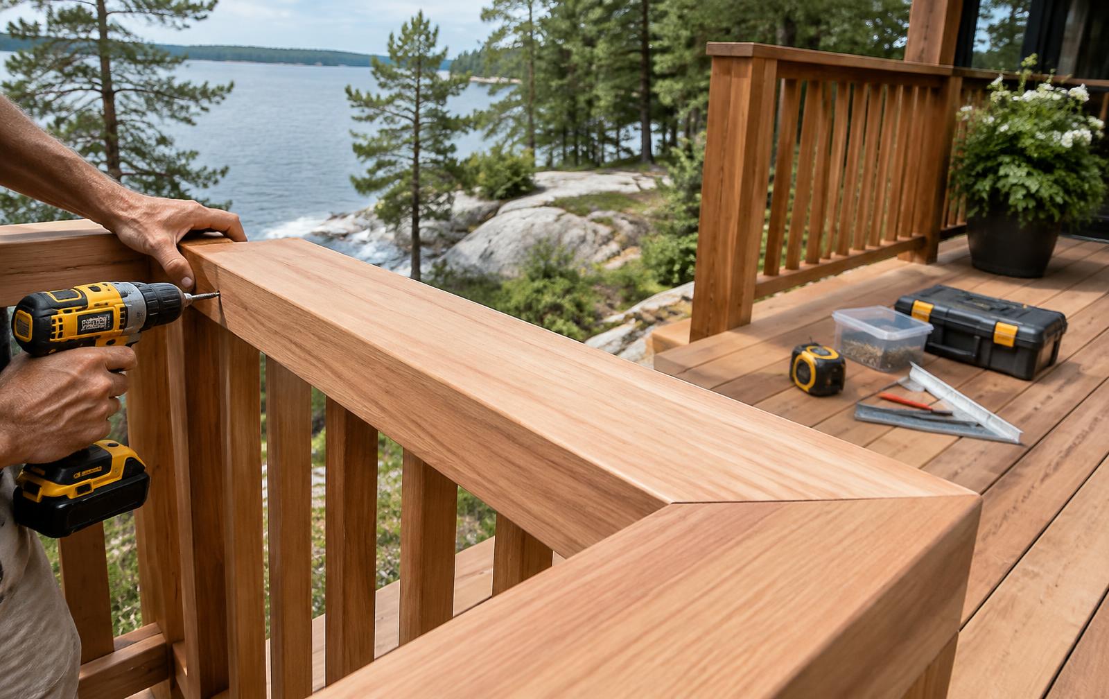 Cedar deck boards being repaired at a Georgian Bay cottage