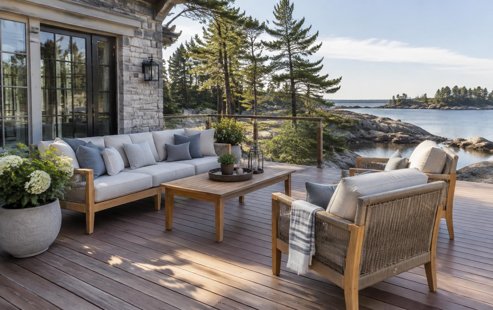 Outdoor cottage furniture being set out for the season beside a cedar home