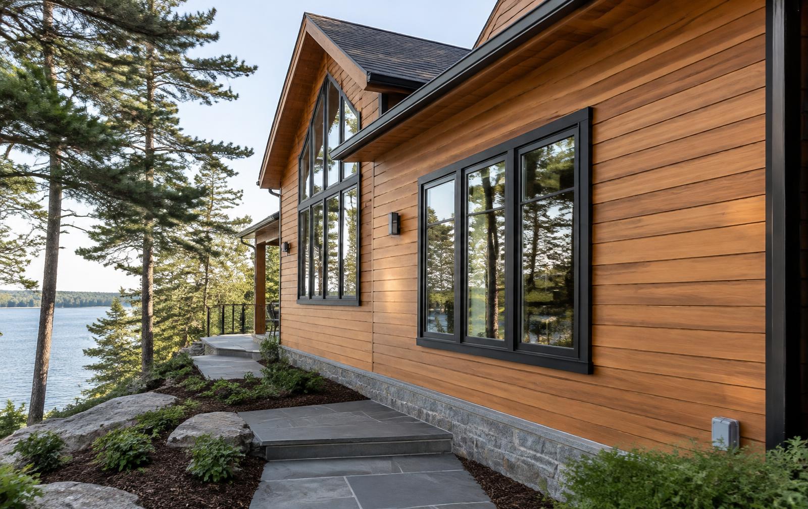 Freshly stained cedar cottage trim drying in natural daylight