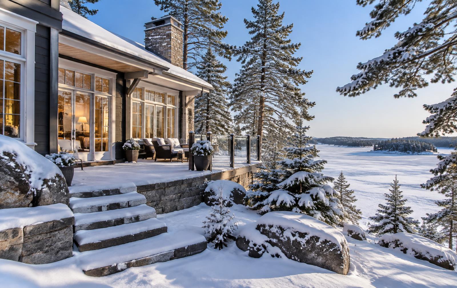Quiet snow-covered cottage among white pines during a winter property check